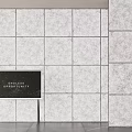 Gray Textured Square Tiled Background Wall With Black Display Board Stand 3d model