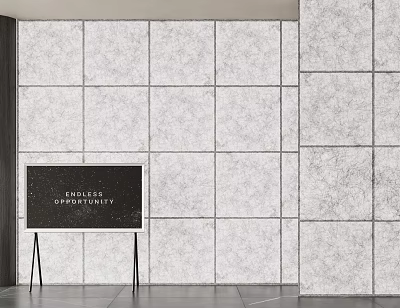Gray Textured Square Tiled Background Wall With Black Display Board Stand 3d model