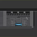 Parking Lot With Blue Sports Car Yellow Lines Scaffolding Digital Screen And Lighting Equipment
