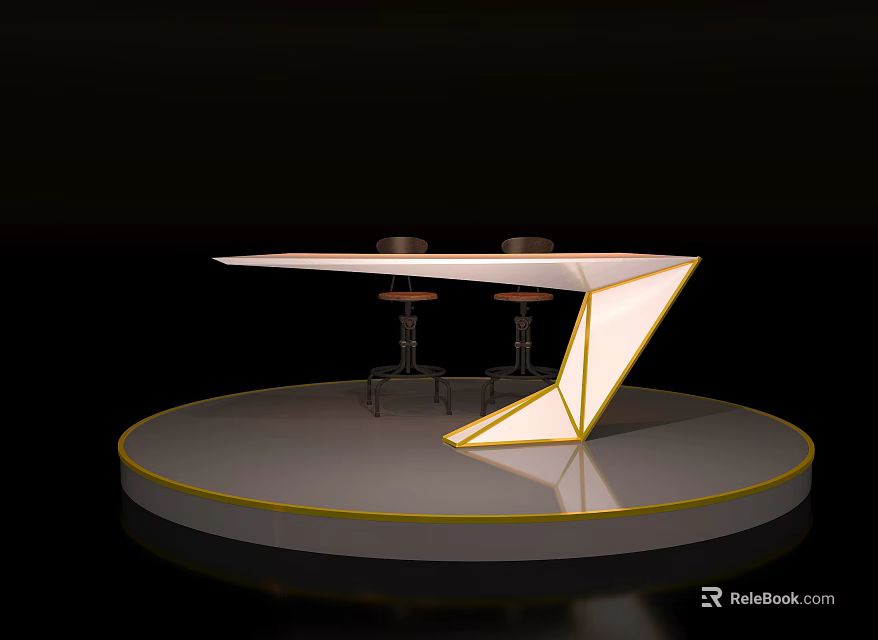 Modern Geometric Bar Counter with White Surface Yellow Lighting and Two Stools on Circular Platform 3d model 