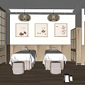 SPA Sauna Interior With Wooden Massage Beds White Sheets Decorative Paintings And Stools