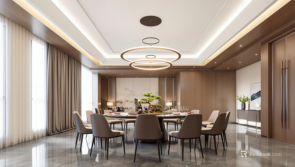 Banquet Hall Interior Design With Round Dining Table Circular Chandeliers And Chairs 3d model 