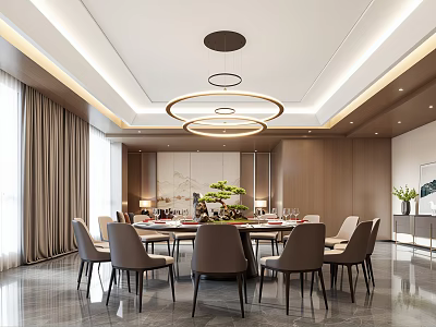 Banquet Hall Interior Design With Round Dining Table Circular Chandeliers And Chairs 3d model