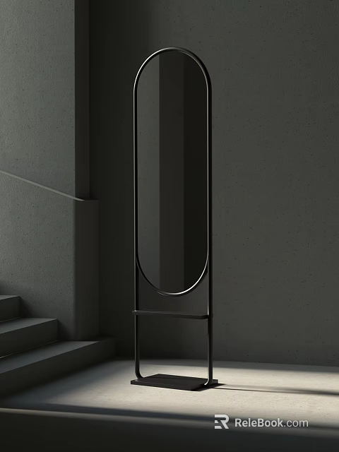Modern Floor Standing Mirror In Dark Minimalist Interior With Staircase 3d model 