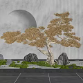 Courtyard Garden Design With Circular Arch Pine Tree Decorative Rocks Green Moss And Gravel