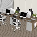 Modern Wooden Office Desk With Multiple Computer Monitors Ergonomic Chairs Potted Plants And Storage Cabinets