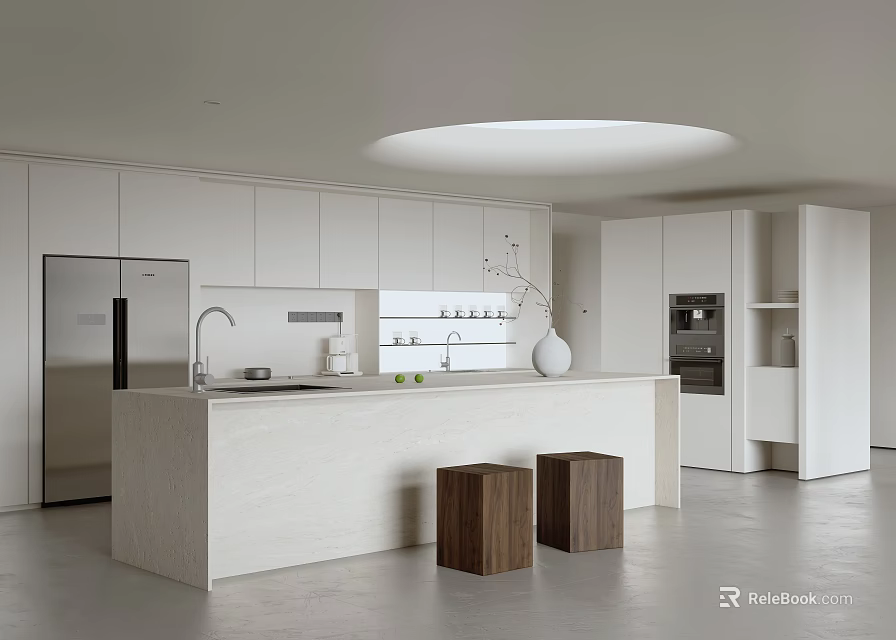 Modern Kitchen White Island Counter with Wooden Stools Cabinets Refrigerator and Round Ceiling Light 3d model 