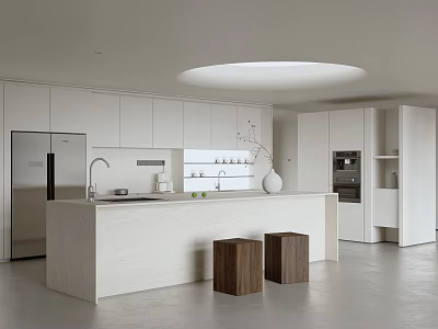 Modern Kitchen White Island Counter with Wooden Stools Cabinets Refrigerator and Round Ceiling Light 3d model