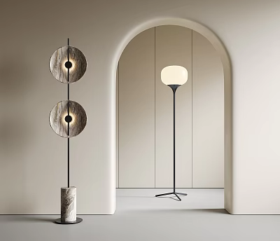 Modern Floor Lamps With Round Shades Marble Base And Metal Stand In Interior 3d model
