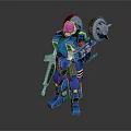 Blue Robot Character Wearing White Helmet With Back Wheels And Weapon