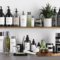 Stylish Organized Bathroom Accessories On Wooden Shelf With Various Bottles And Green Plants