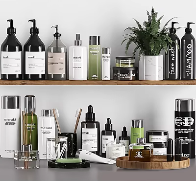 Stylish Organized Bathroom Accessories On Wooden Shelf With Various Bottles And Green Plants 3d model