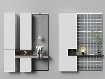 Modern White Screen With Grid Design Wall Mounted Cabinets Shelf Plant And Pendant Light 3d model