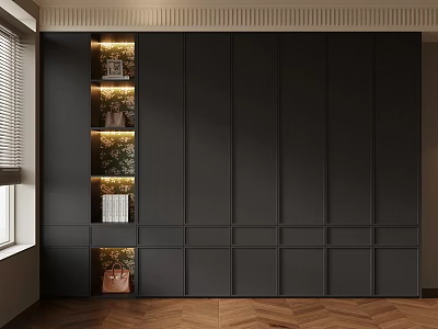 Modern Black Wardrobe With Illuminated Open Shelves Holding Plants Bag And Books 3d model
