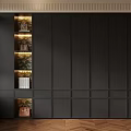 Modern Black Wardrobe With Illuminated Open Shelves Holding Plants Bag And Books