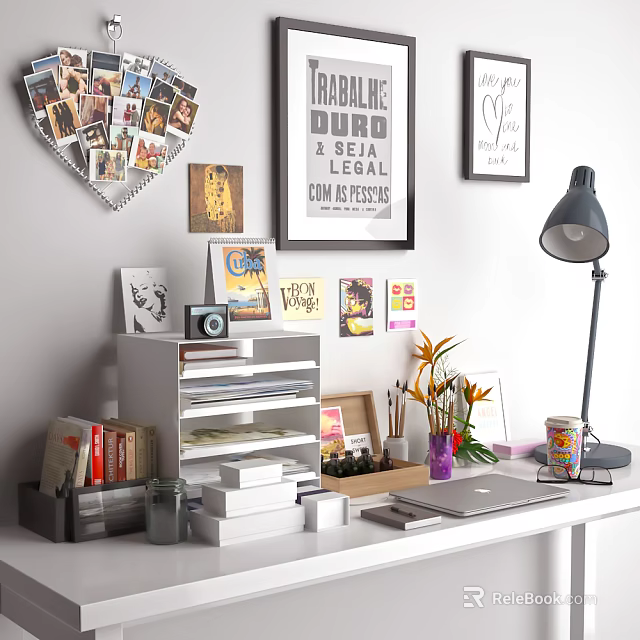 Cozy Home Office Workspace With Wall Posters Heart Photo Display Desk Lamp Laptop Storage Organizers 3d model 