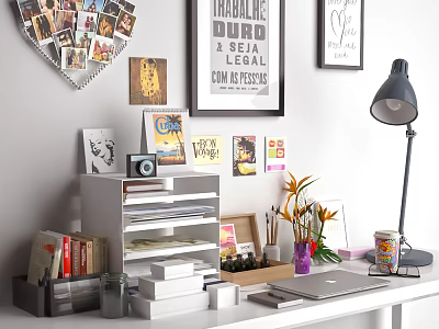 Cozy Home Office Workspace With Wall Posters Heart Photo Display Desk Lamp Laptop Storage Organizers 3d model