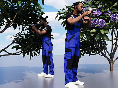 Men Trimming Trees In Blue Overalls With Pruning Tools Green Leaves And Purple Flowers 3d model