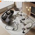 Elegant Modern Sofa and Coffee Table Set with Curved Design Pillows and Geometric Rug