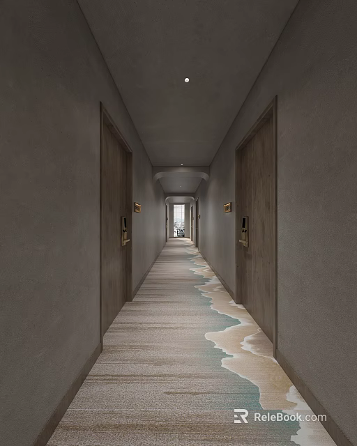 Elevator Hallway Gray Walls Wooden Doors Golden Handles Wave Pattern Carpet With End Window Light 3d model 