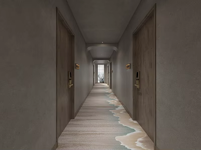 Elevator Hallway Gray Walls Wooden Doors Golden Handles Wave Pattern Carpet With End Window Light 3d model
