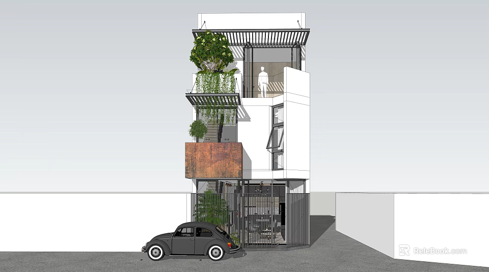 Modern Multi Story Detached House With Greenery Balcony And Vintage Car At Entrance 3d model 