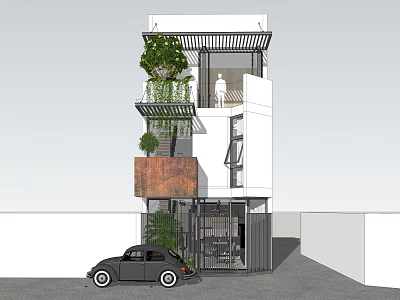 Modern Multi Story Detached House With Greenery Balcony And Vintage Car At Entrance 3d model
