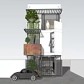 Modern Multi Story Detached House With Greenery Balcony And Vintage Car At Entrance