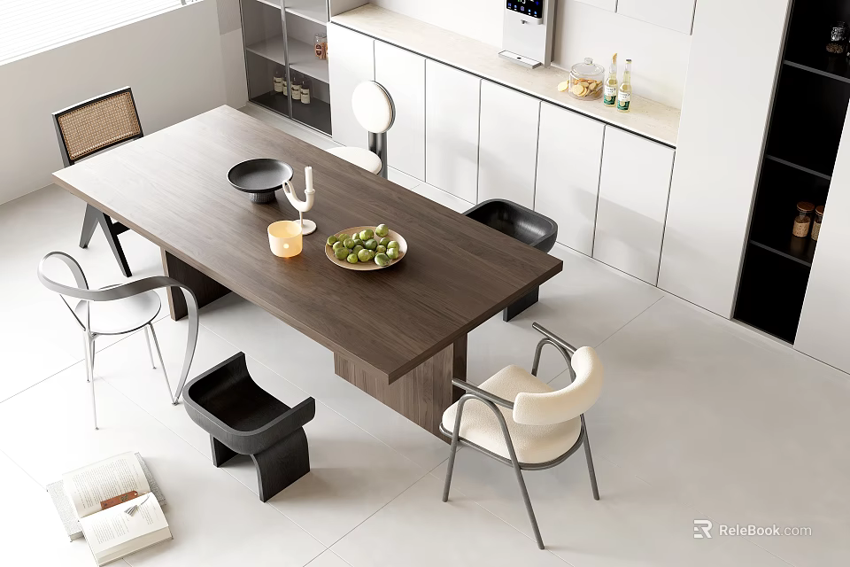 Stylish Modern Dining Table Set With Wooden Tabletop Minimalist Chairs And Fruit Bowl 3d model 