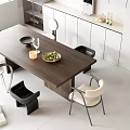 Stylish Modern Dining Table Set With Wooden Tabletop Minimalist Chairs And Fruit Bowl