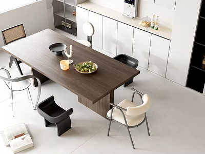 Stylish Modern Dining Table Set With Wooden Tabletop Minimalist Chairs And Fruit Bowl 3d model