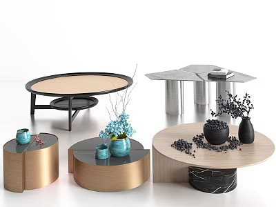 Modern Round Coffee Tables With Wooden And Marble Tops And Decorative Vases 3d model