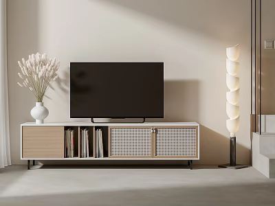 Modern Living Room TV Stand with TV Vase Flowers and Floor Lamp 3d model