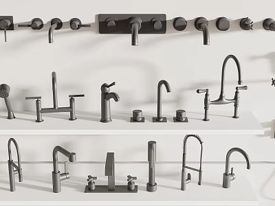Variety of Modern Faucet Designs Displayed on White Shelves in Showroom 3d model