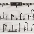 Variety of Modern Faucet Designs Displayed on White Shelves in Showroom