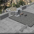Traditional Chinese Stone Ancestral Tomb Site With Complete Worship Altar Under Natural Rocky Mountain Backdrop