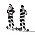 Men Wearing Striped Prison Uniforms with Ball and Chain Standing Isolated