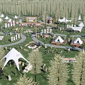 Scenic Camping Site Featuring White Tents Green Grass Tall Trees Winding Paths Activity Areas