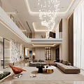 Modern Duplex Living Room Interior Design With Chandelier Fireplace And Staircase