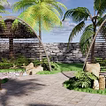 Tropical Garden Pergola With Palm Trees Stone Wall Green Plants And Stone Pathway