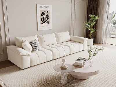 Modern White Multi Seater Sofa With Throw Pillows Coffee Table Wall Art Plant And Rug 3d model