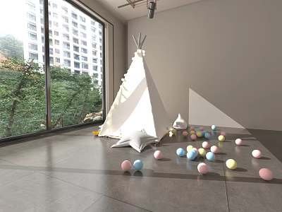 Indoor Play Space With White Teepee Colorful Balls And Large Window View 3d model