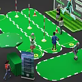 Exhibition Booth Setup With Blue Stalls Green Areas People Figures And Windmill