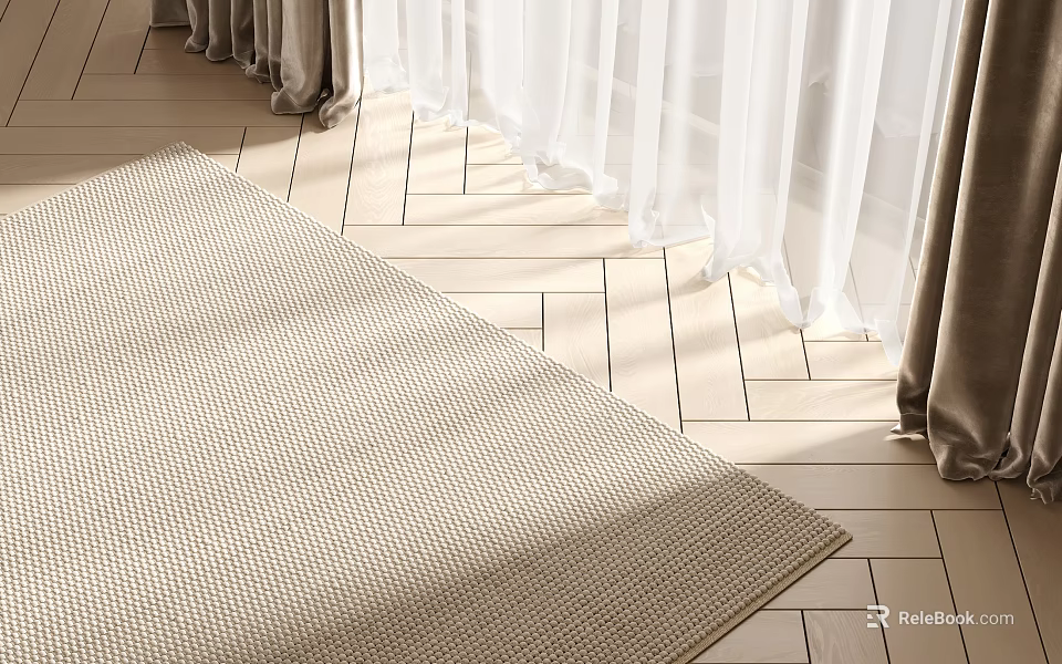 Light Colored Square Area Rug In Living Room With Curtains And Wooden Flooring 3d model