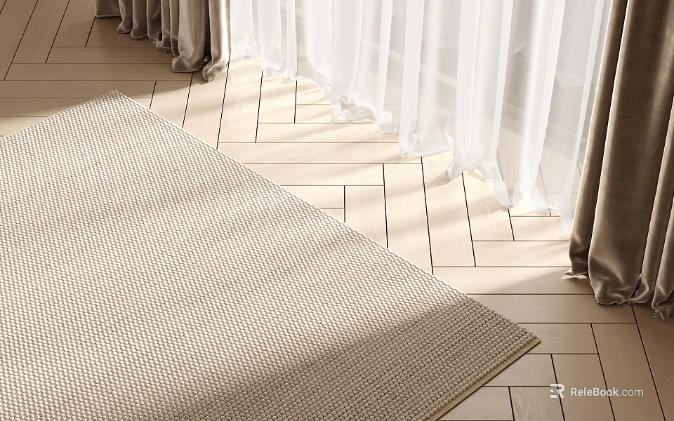 Light Colored Square Area Rug In Living Room With Curtains And Wooden Flooring 3d model 