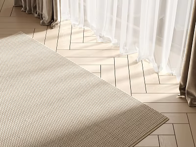 Light Colored Square Area Rug In Living Room With Curtains And Wooden Flooring 3d model