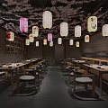 Japanese Restaurant Interior Featuring Cherry Blossom Ceiling Hanging Lanterns Wooden Tables And Chairs