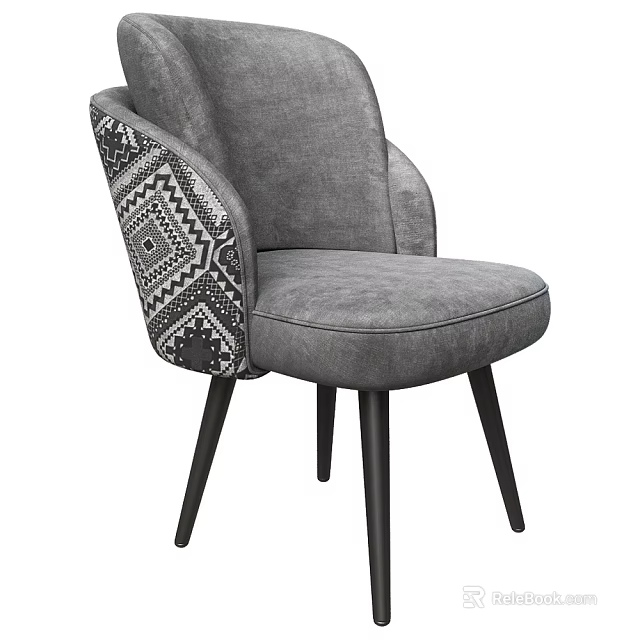 Modern Gray Upholstered Accent Chair With Geometric Patterned Arms And Black Legs For Living Room 3d model 
