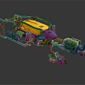 Yellow And Purple Mechanical Vehicle With Metal Frame Wheels And Functional Parts
