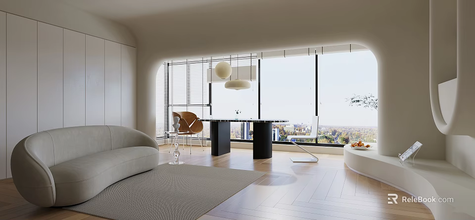 Modern Dining Living Room Interior With Sofa Dining Table Large Windows And City View 3d model